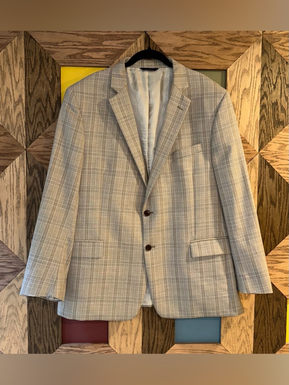 Brooks Brothers Regent Fit Blazer Beige Glen Plaid 100% Wool Mens Sport Coat 46R